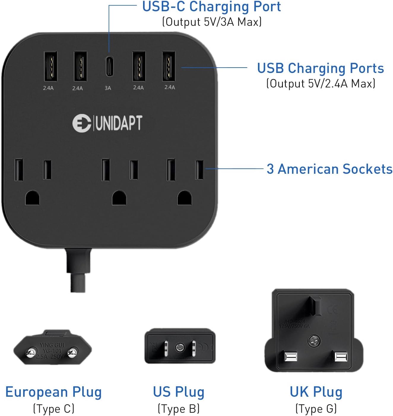 European Plug Adapter, Unidapt US to UK Europe Power Strip for EU/UK/US with USB C and 4 USB Ports, 3 AC Outlets, Wall Mountable, 5ft Extension Cord, for Travel Cruise Ship Home (Black) 2