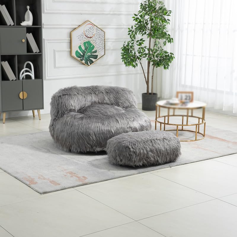 Upholstered Accent Chair with Footstool Durable Comfort Lounger High Back Reading Chair Ergonomic Design Bean Bag Chair Faux Fur Lazy Sofa for Reading, Living Room and Bedroom