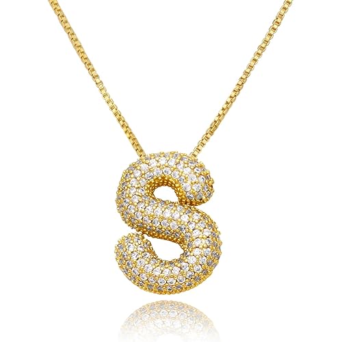 18K Bubble Letter Necklace Gold for Women, Initial Necklaces Rhinestone Chunky Bubble Letter Necklace for Her, Charm Puff Name Pendant Alphabet Necklaces Non Tarnish Gold Plated Jewelry