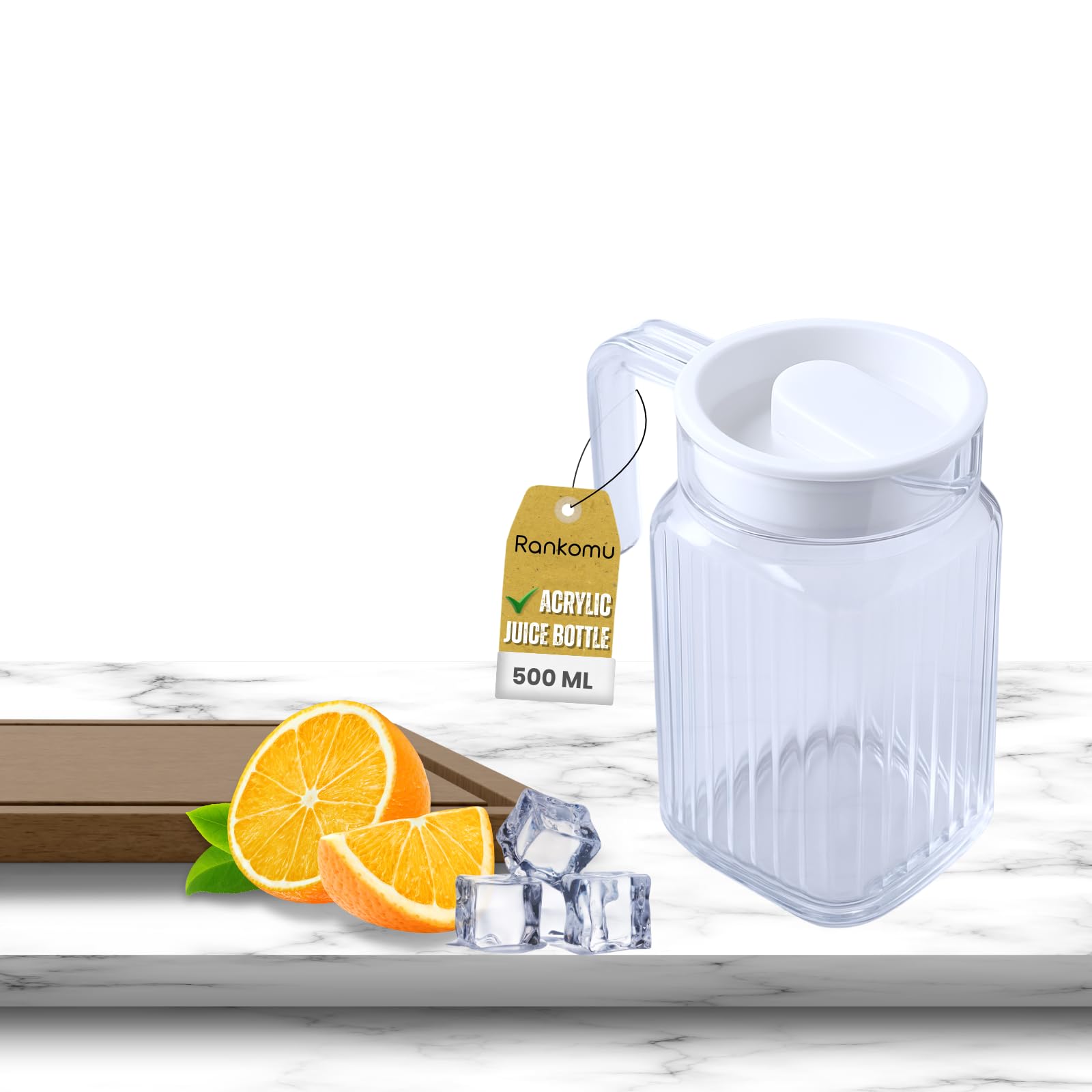 Rankomu 500ML Plastic Jug with Lid, Water Jug for Fridge, Unbreakable BPA-Free Transparent Milk Jug for Tea, Lemonade, Leak-Proof Handle Pitcher for Home & Bar