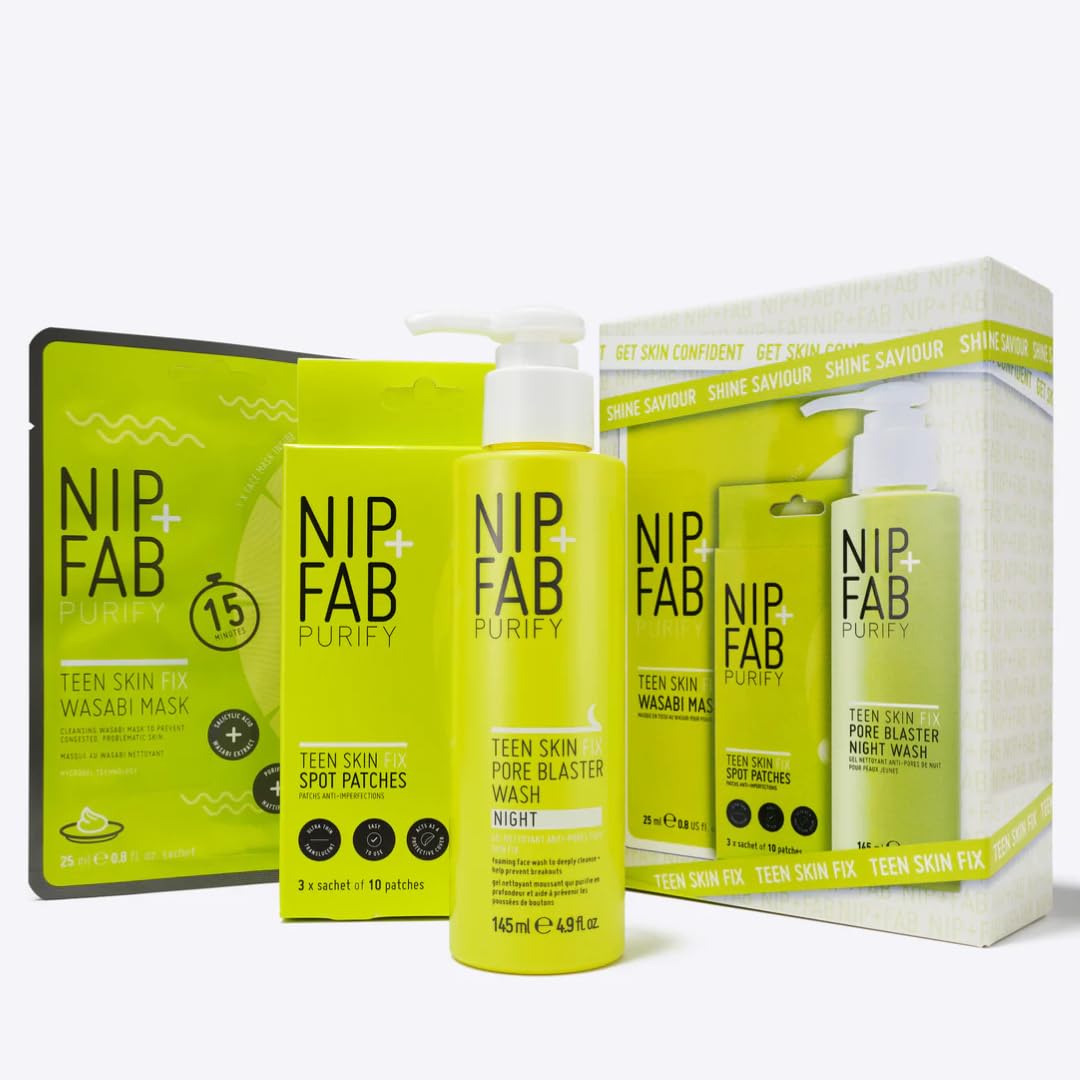 Nip + Fab Teen Skin Kit – 3-Step Full Size Skincare Set for Teen Skin – Includes Pore Blaster Wash, Wasabi Sheet Mask & Spot Patches