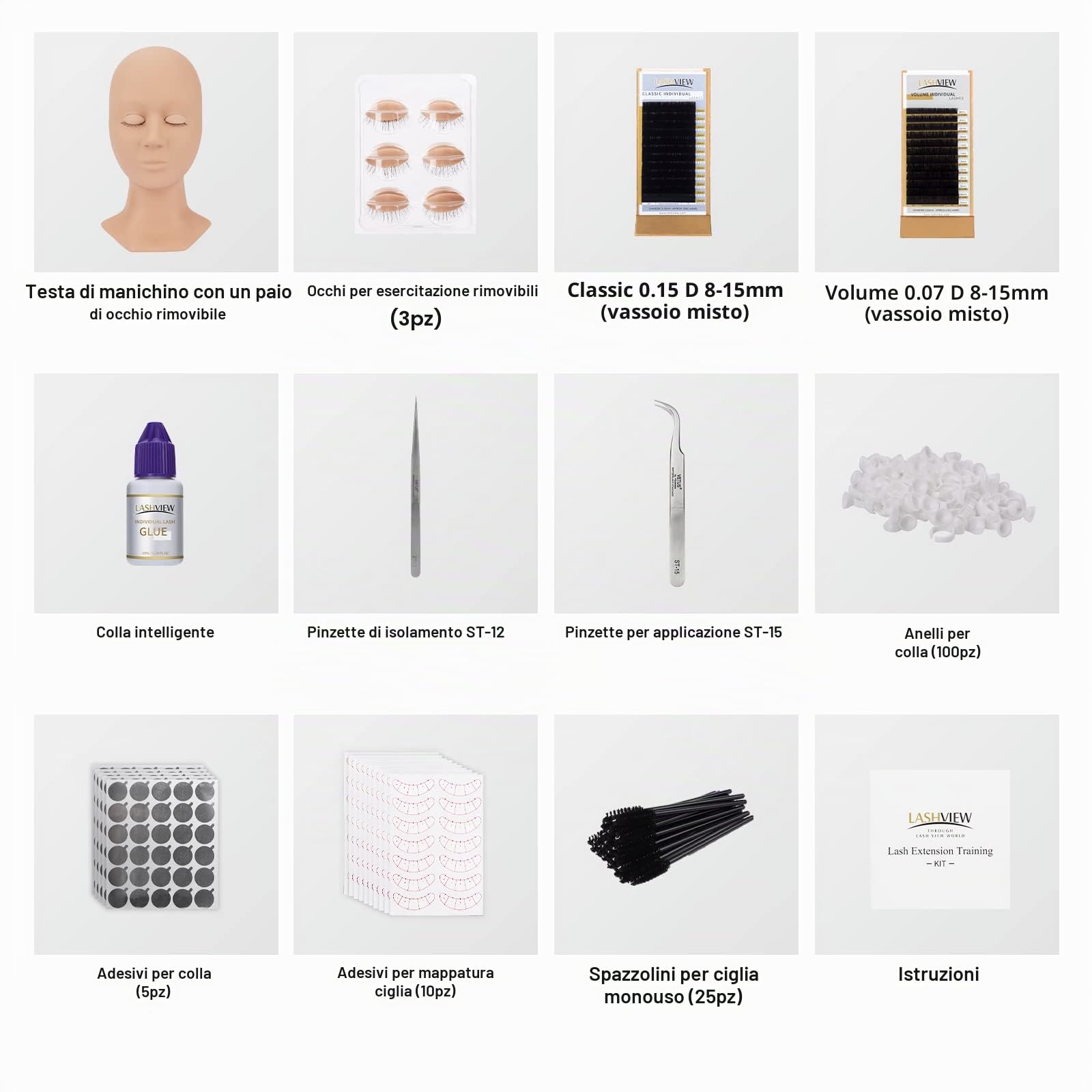 LASHVIEW Kit di estensione per ciglia, kit professionale con manichino per ciglia, con 4 palpebre rimovibili, kit per extension per ciglia, principianti, allenamento trucco e innesto delle ciglia