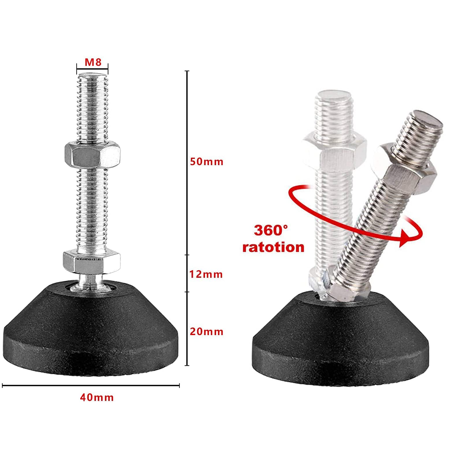 Stopka nastawcza M8 x 40 mm, śruba nastawcza M8, stopka meblowa, podstawa cokołu może udźwignąć 400 kg, regulowane nóżki śruby nastawcze, talerz nastawczy, maks. kąt nachylenia 15° (8 sztuk – M8 x 40 mm)