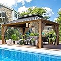 EROMMY 12' x 16' Gazebo, Wooden Finish Coated Aluminum Frame Canopy with Double Galvanized Steel Hardtop Roof, Outdoor Permanent Metal Pavilion with Curtains and Nettings for Patio, Backyard and Deck…