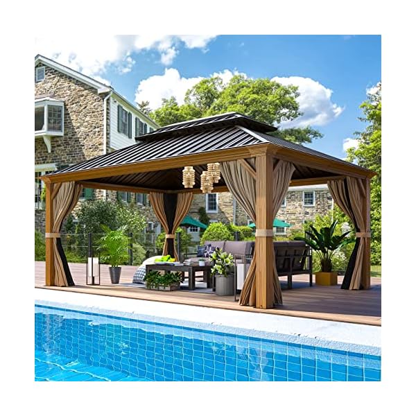 EROMMY 12' x 16' Gazebo, Wooden Finish Coated Aluminum Frame Canopy with Double Galvanized Steel Hardtop Roof, Outdoor Permanent Metal Pavilion with Curtains and Nettings for Patio, Backyard and Deck