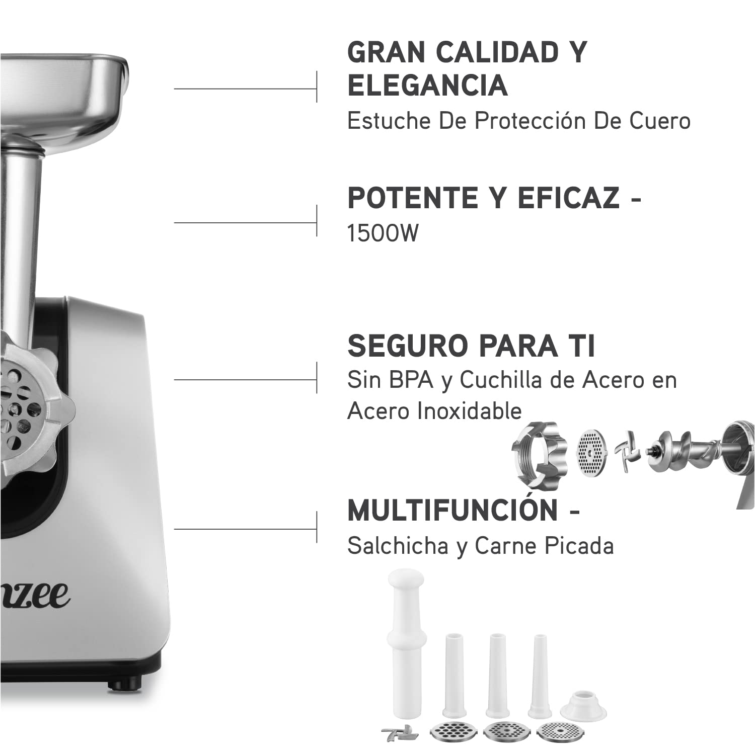 Picadora de Carne Eléctrica 1500W (Negro) - Para Carne y Salchichas - Robot Cocina, Picador de Carne con 3 Placas de Corte y 3 Boquillas para Salchichas - Picadora Profesional