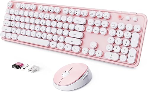 Miniatura 14 de Combo de teclado y mouse inalámbricos, teclado ergonómico de tamaño completo con diseño retro tipo máquina de escribir, con teclas redondas, Verde