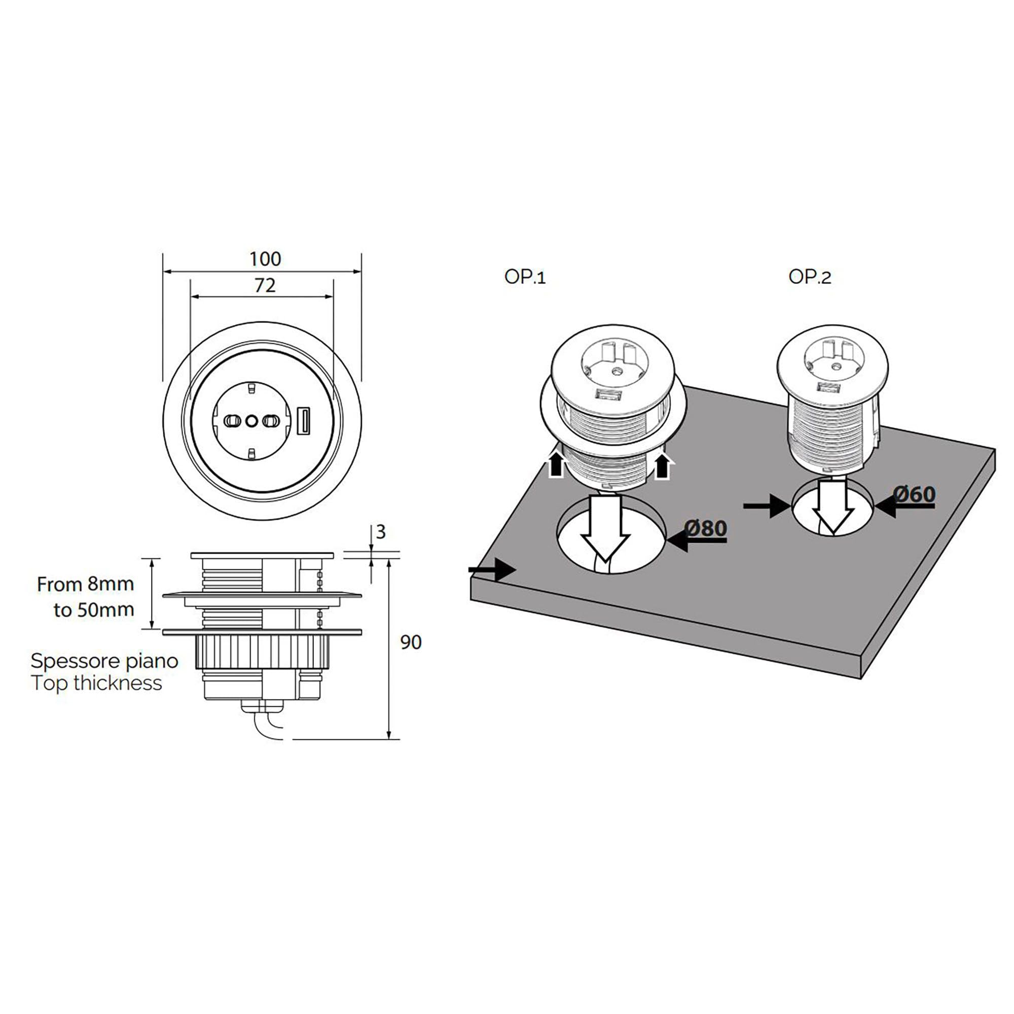 Prise électrique encastrable 60 mm avec bague adaptatrice 80 mm + port USB A (Blanc)