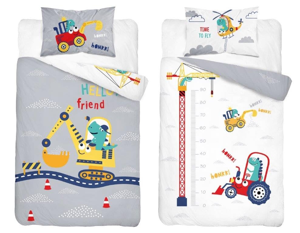 Juego de ropa de cama reversible Crain Truck Building Site Diggers Construcción gris azul ropa de cama para bebé niño cuna funda de edredón y funda de almohada … (100 x 135 cm)