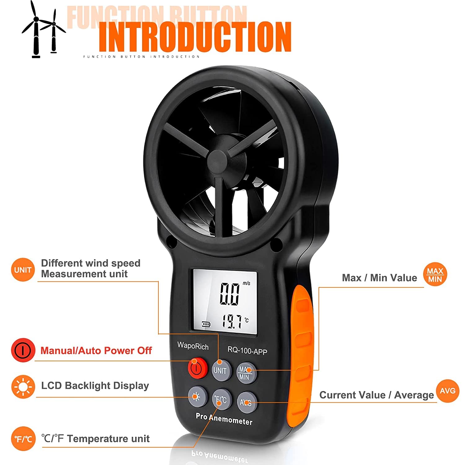 Anémomètre Bluetooth Portable, WapoRich RQ-100APP Anemometer Numérique avec Application MAX/MIN/AVG pour Frisson du Vent, Vitesse de l'Air, Température pour Tir, Surf et Activités Extérieures