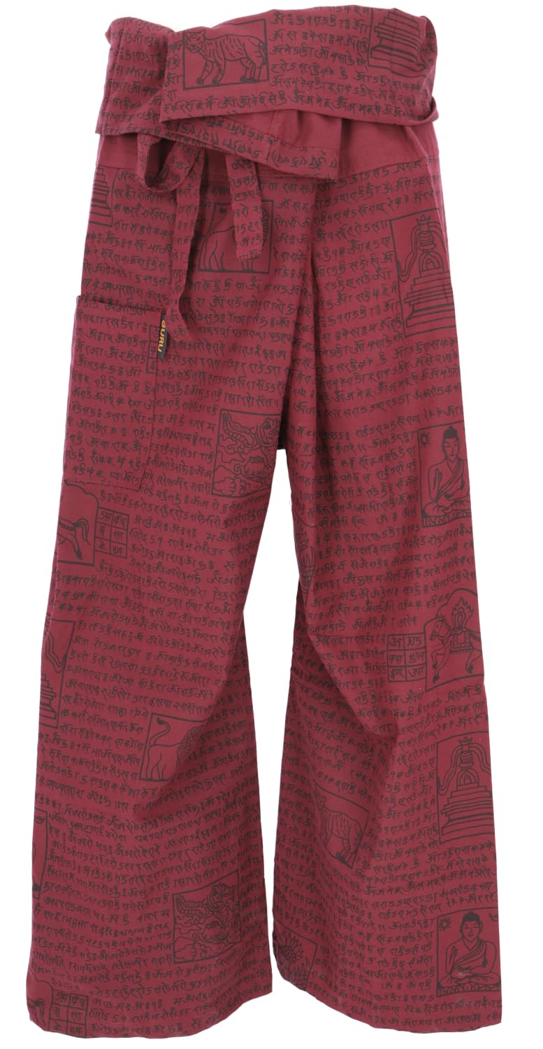 GURU SHOP Tajskie spodnie wędkarskie z nadrukiem mantry, tkana bawełna, spodnie do przewijania, spodnie do jogi, męskie/damskie, zielone, rozmiar: jeden rozmiar