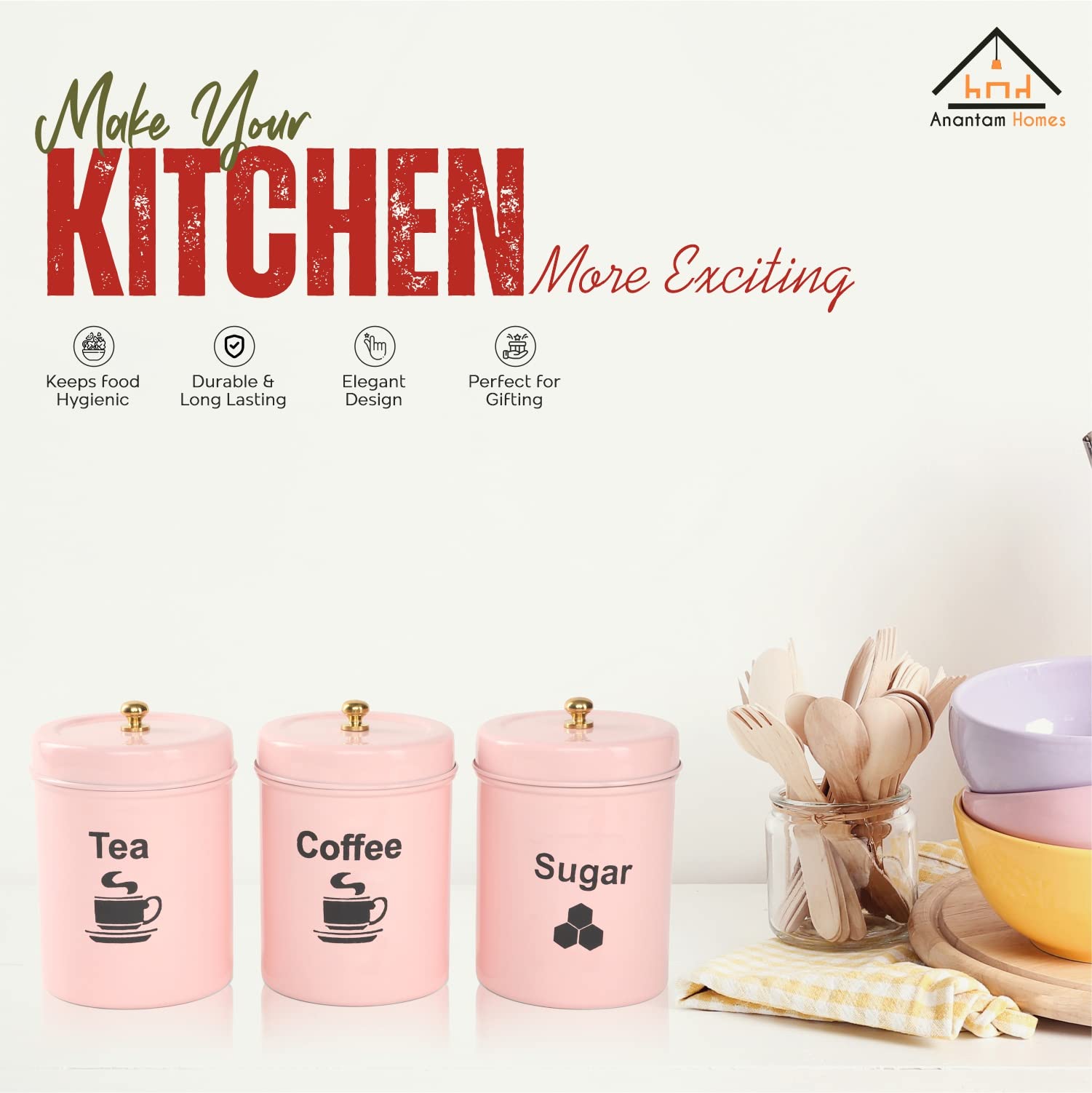 anantam homes Tarro de acero inoxidable | Contenedor | Juego de recipientes para té, café y azúcar | Juego de 3 recipientes para té, café y azúcar | 800 ml cada uno (TCS-rosa claro)