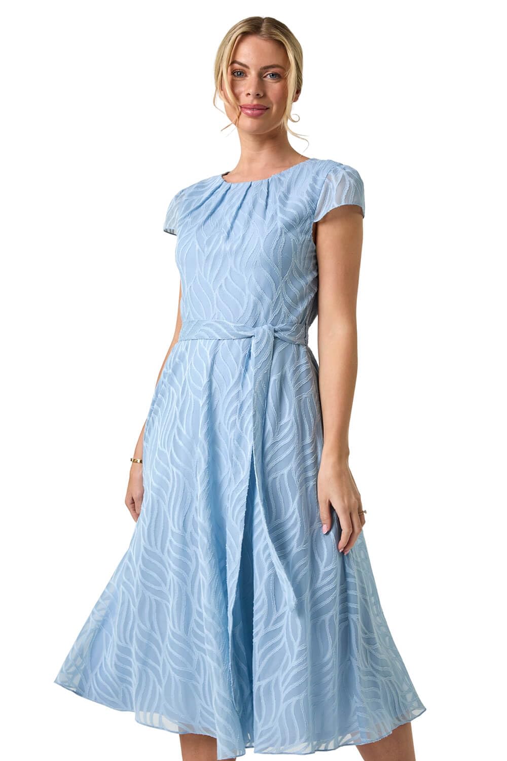Roman Petite Jacquard Gathered Neck Dress for Women UK - Ladies Everyday Holiday Spring Summer Round Neckline Comfy Soft Evening Vacation Work Party - Petite Blue - Size 16