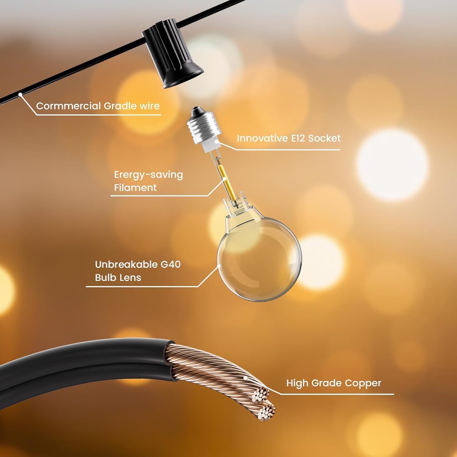 60M Lichterkette Außen Dimmbar, 200FTLED G40 Outdoor Lichterkette mit Fernbedienung, 100+4 Plastikbirne Wasserdicht Hängende Glühbirnen Lights für Terrasse, Garten, Party 2700kWarmweiß