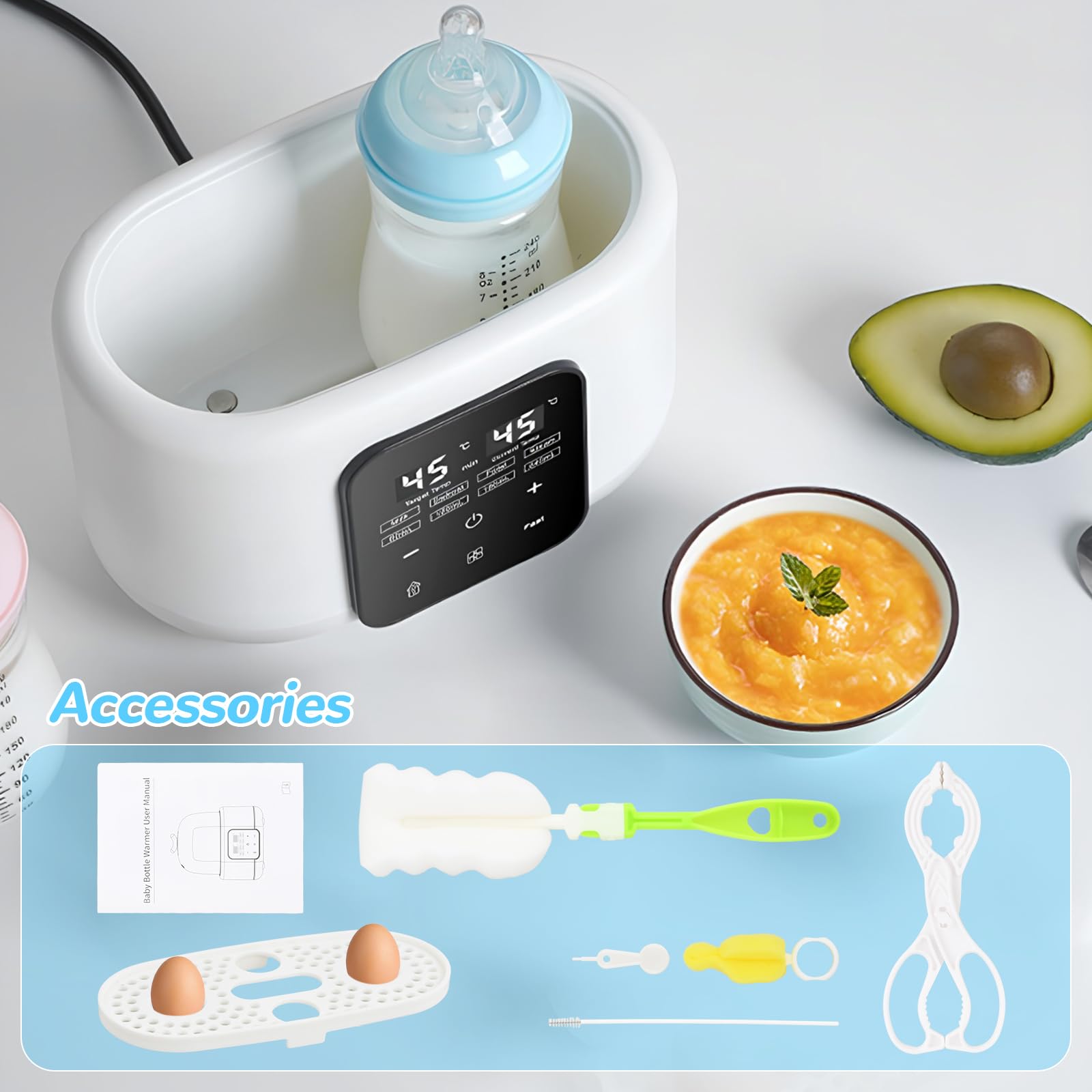 6 en 1 Chauffe Biberon, Stérilisateur Biberon, Chauffe-Biberons avec Brosse et Clip, Chauffe Biberon Multifonction, Réchauffeur Rapide pour Aliments pour Dégivrage, Arrêt Automatique (Blanc)