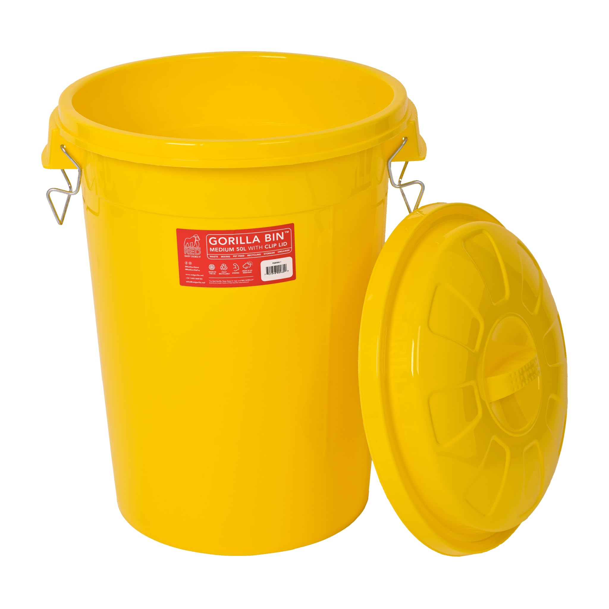 Red Gorilla Bin 50 Litre with Clip Lid Yellow Stackable Storage Plastic Lightweight Weather Resistant Frost Proof for Indoor Outdoor Waterproof Waste Bin for Garden Garage Kitchen Home Recycling
