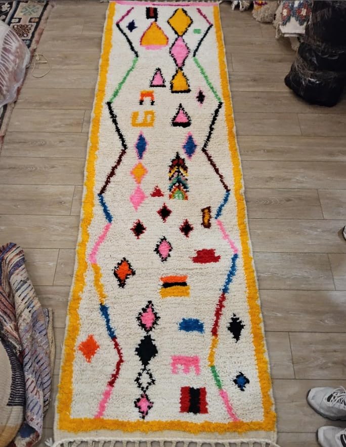 Générique Tifinagh Shop - Tapis Berbère Azilal Multicolore 278 x 81 cm - Authentique Tapis Marocain Fait Main en Laine - Motifs Traditionnels - Pièce Unique