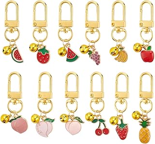 DELORIGIN 12pcs Enamel Cat Collar Bells, Fruit Jewelry Bell Charms with Swivel Clasps Colorful Collar Pendants with Bells for Dog Cat Necklace Pet Ornament Training Keychains DIY Crafts