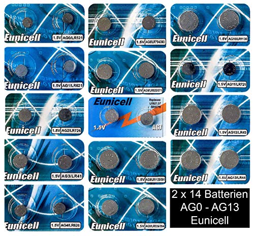 Set AG0-AG13 14 Blistercard a 2 Batterien je AG 0,1,2,3,4,5,6,7,8,9,10,11,12,13 ; (A) EINWEG Eunicell Cover