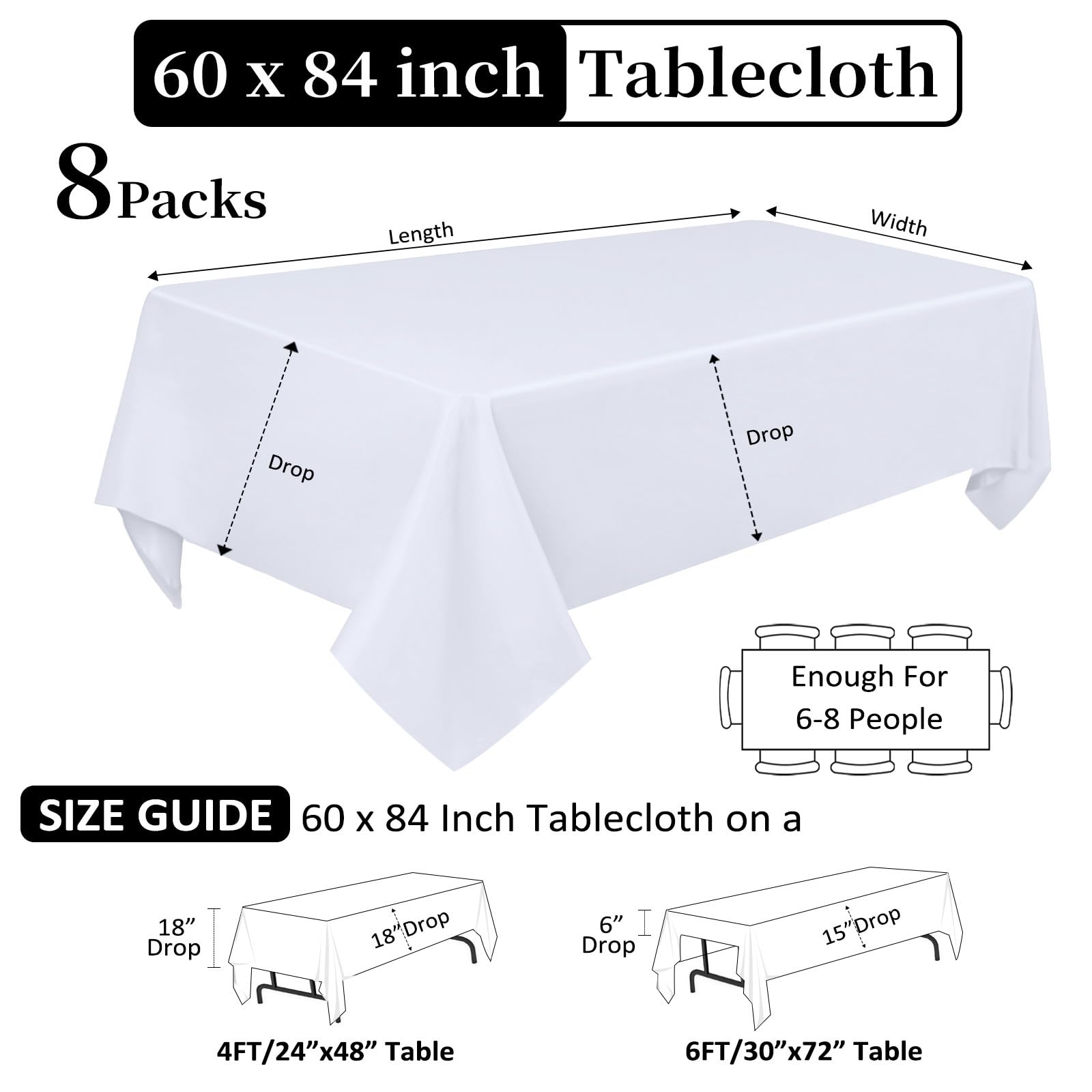 Confezione da 8 tovaglie rettangolari bianche, 152 x 213 cm per tavolo da 1,2 m