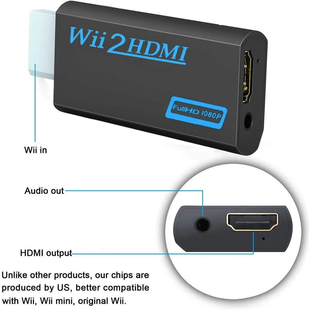 Wii to HDMI Converter, Wii to HDMI Adapter with 1080P/720P HD Output Video & 3.5mm Jack Audio Converter Adapter, Supports All Wii Display Modes, WII2HD(Black) (Black) - 5