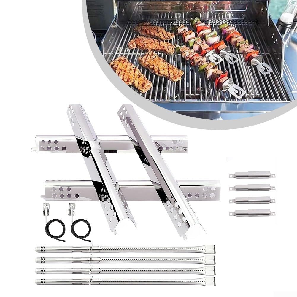 Kit di 4 bruciatori in acciaio inox con tubi incrociati | 4 bruciatori inossidabili, 4 calore per scudi, resistente alla ruggine, elevata tolleranza al calore, vestibilità precisa
