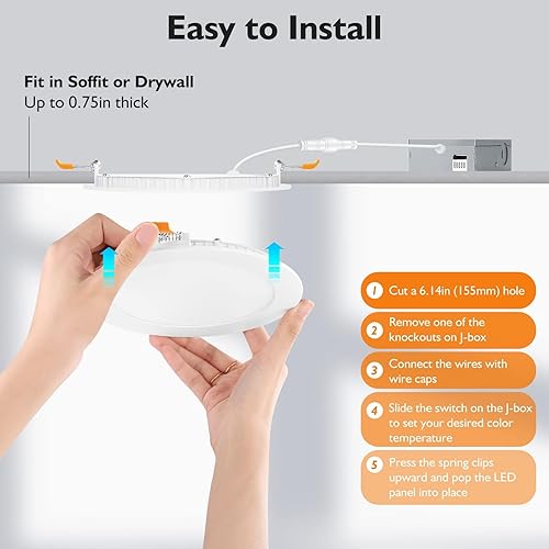 Miniatura 7 de BesLowe Paquete de 12 luces LED empotrables de techo 5CCT de 6 pulgadas ultrafinas con caja de conexiones, 12 W 150 W Eqv, 3000 K3500 K4000 K5000