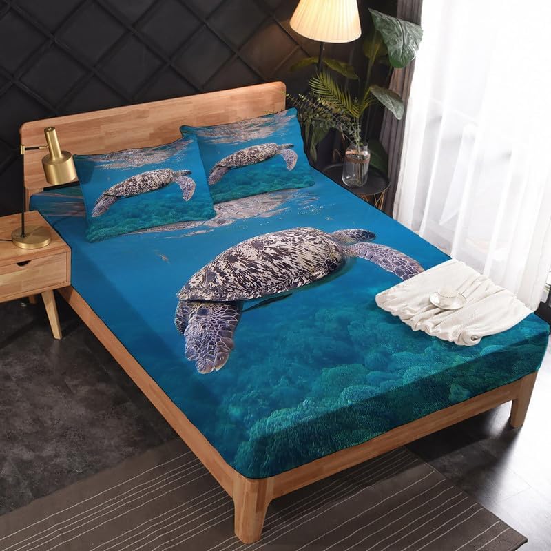 Miniatura 2 de Juego de sábanas de tortuga marina tamaño California King, sábanas de microfibra suave y bolsillo profundo, sábanas y fundas de almohada estampadas