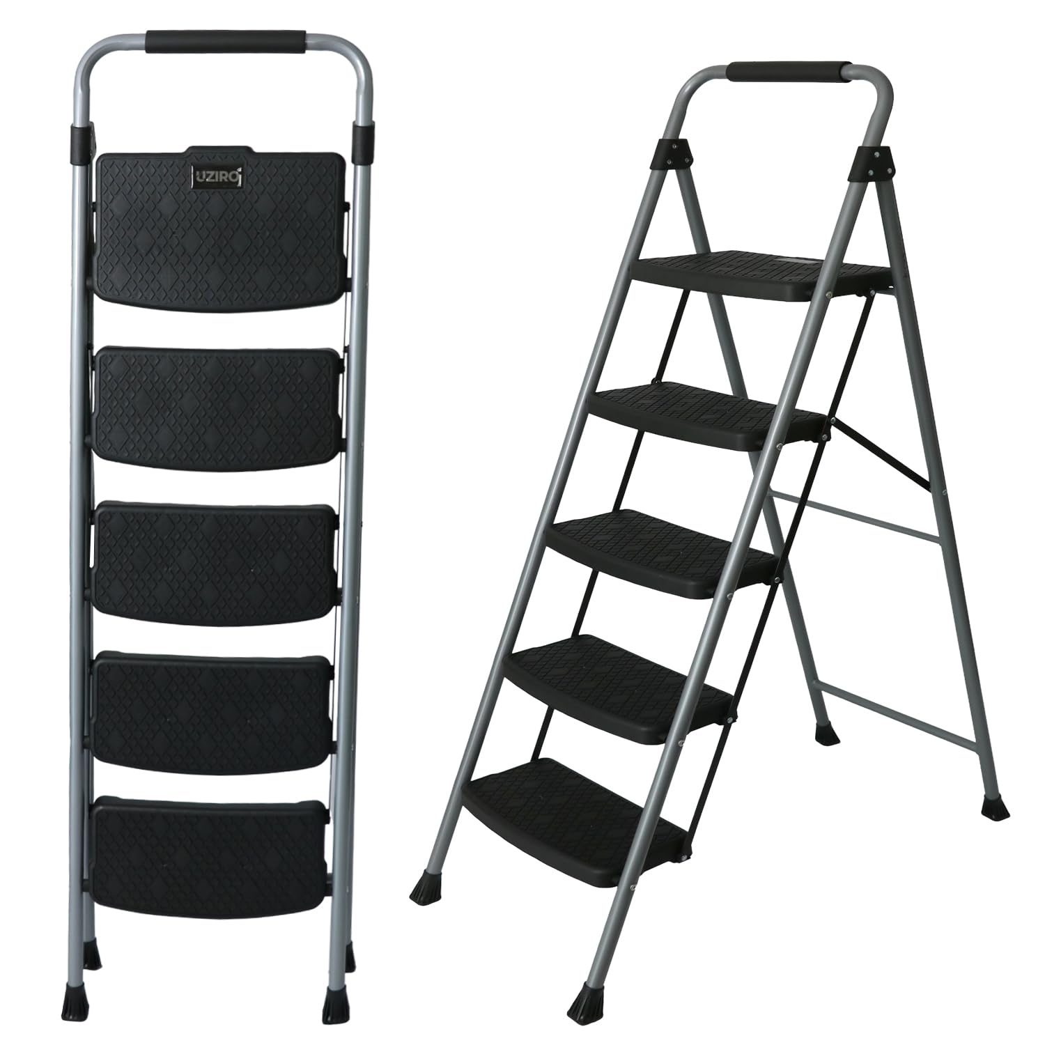 UZIRO Folding Ladder 5 Steps Steel and Aluminium, Small Silver Ladder with Non-Slip Steps, Rubber Handle, for Home, Kitchen, Office and DIY