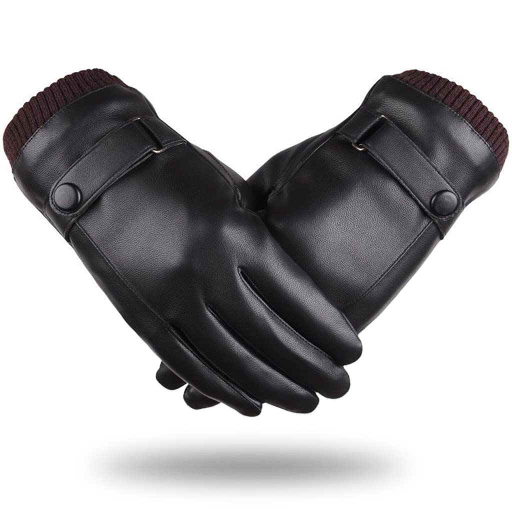 Proberos® Winter Gloves for Men, PU Leather Fleece Warm Lining Gloves for Riding, Touch Screen Winter Gloves Fashion Winter Leather Gloves for Men Driving Gloves for Men (Black Style 1)