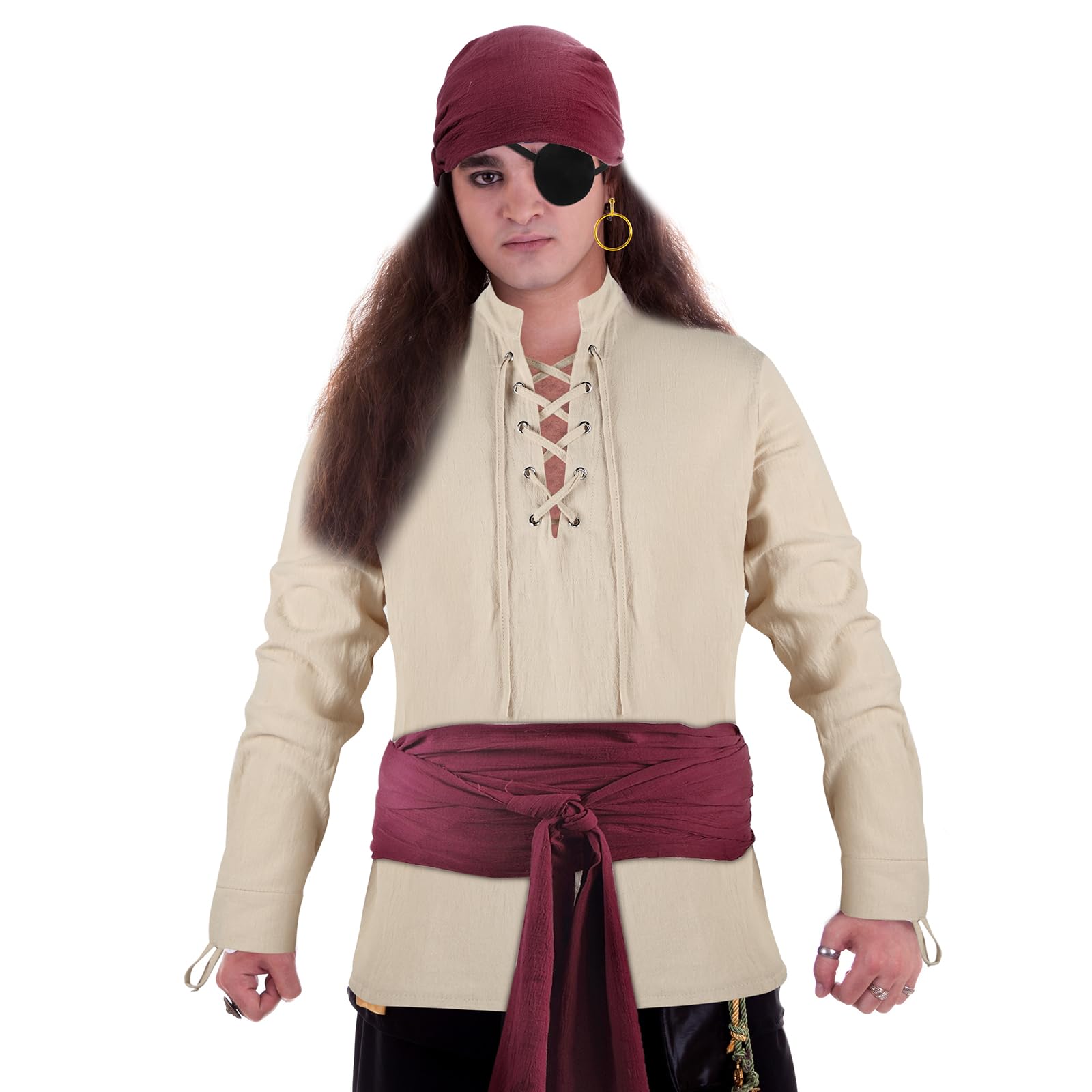 Boyiee Ensemble de costume de pirate 5 pièces pour homme - Style médiéval et Renaissance - Avec bandana, bandana, ceinture