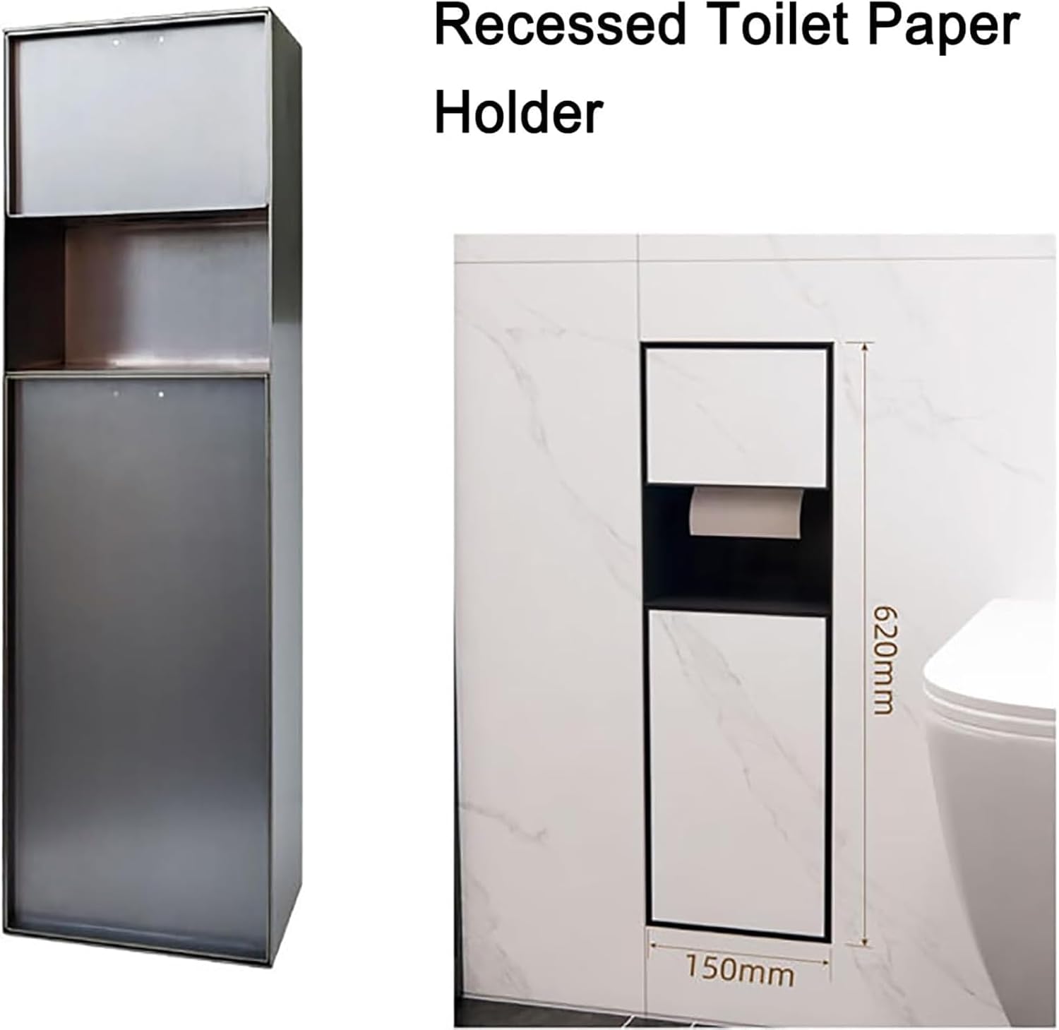 Recessed Toilet Paper Holder, Stainless Steel Bathroom Niche, Multipurpose Niche, with Tissue Box & Trash Can, Space Saving, Easy to Clean, for Shower Room, Bathroom Renovation Hotels