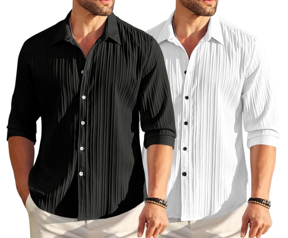 Image of FINIVO FASHION Men's Cotton Blend Shirt Set Lightweight, Full Sleeves, Plain Texture, Button Closure, Summer Ready (Pack of 2)