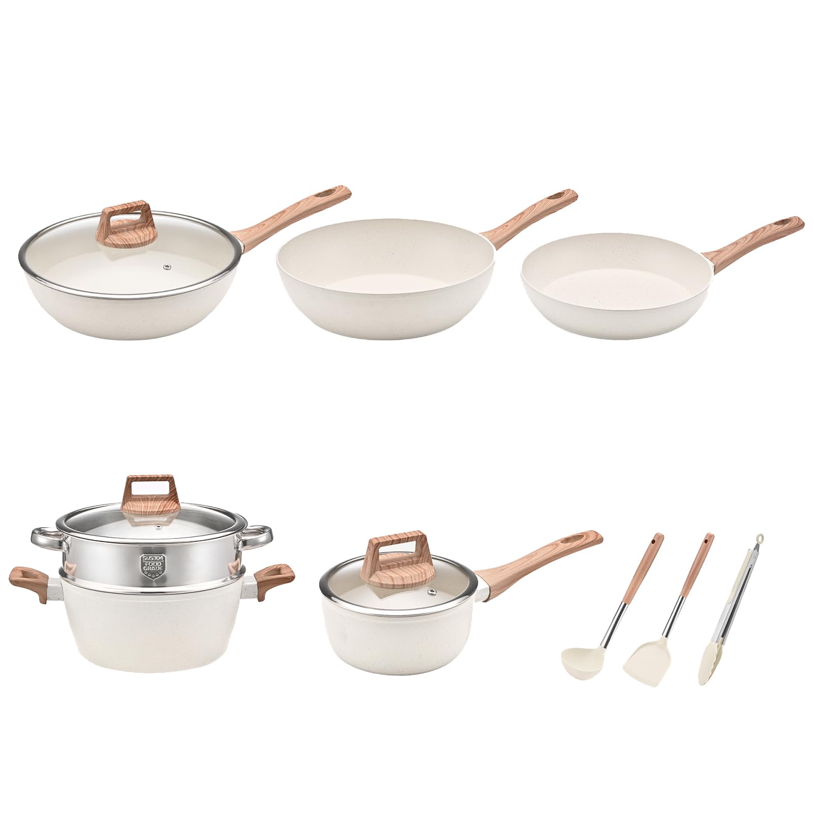 Juego de ollas y sartenes antiadherentes, utensilios de cocina con sartén, cacerola, sartén, tapa, cucharón, cuchara, pinzas, blanco, fácil de limpiar, calentamiento uniforme, diseño que