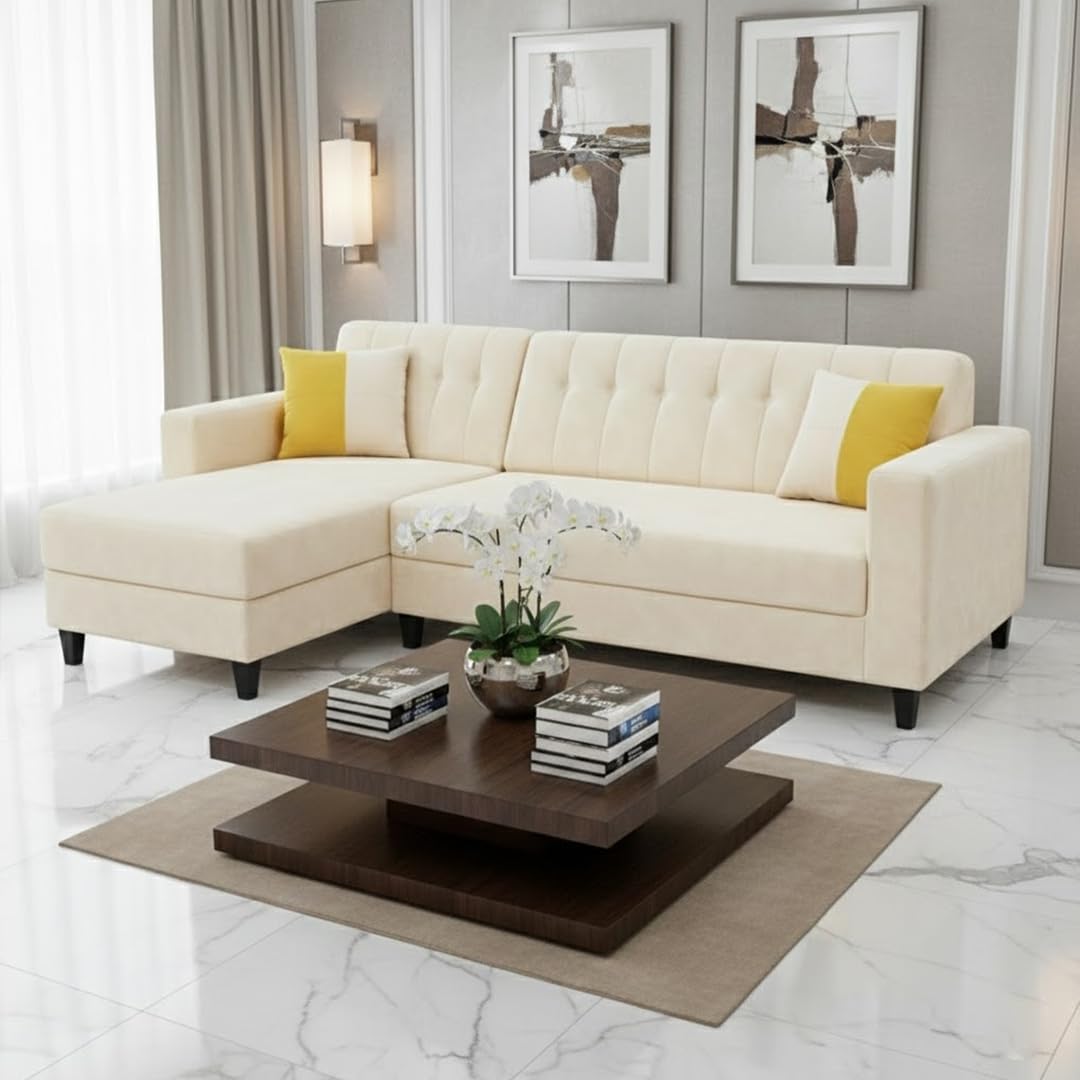 AVI Luxe Velvet-Suede Fabric 4 Seater LHS Lounger Sofa | Comfortable & Spacious Seating | Modern L Shape Sofa for Living Room – Cream-image-24