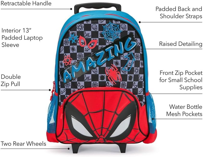 Disney Store Official Spider-Man Rolling Backpack - Kids Backpack with Embroidered Accents, Adjustable Straps, Zip Compartments & Mesh Pockets, Screen Art Featuring Spiderman