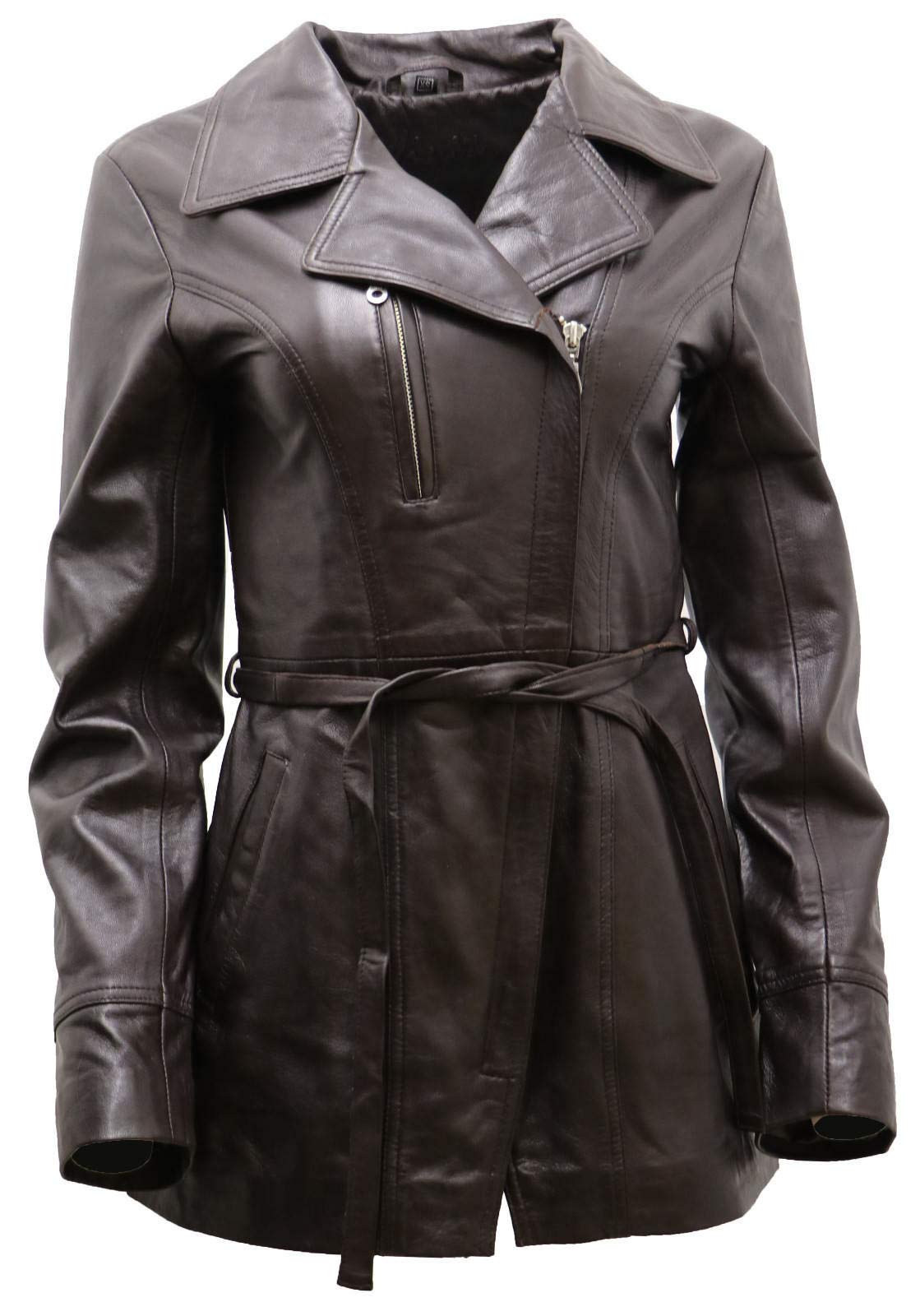 Infinity Leather Women's Brown Nappa Leather Long Biker Jacket With Belt 16