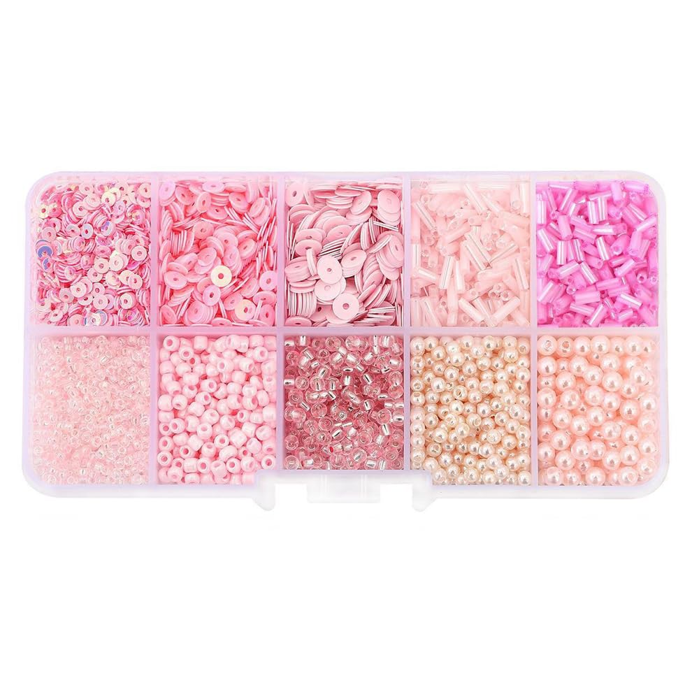 1 Box Pink Beads and Sequins Kit, Assorted Glass Craft Beads Loose Sequins for Crafting, Beading, Keychain Making