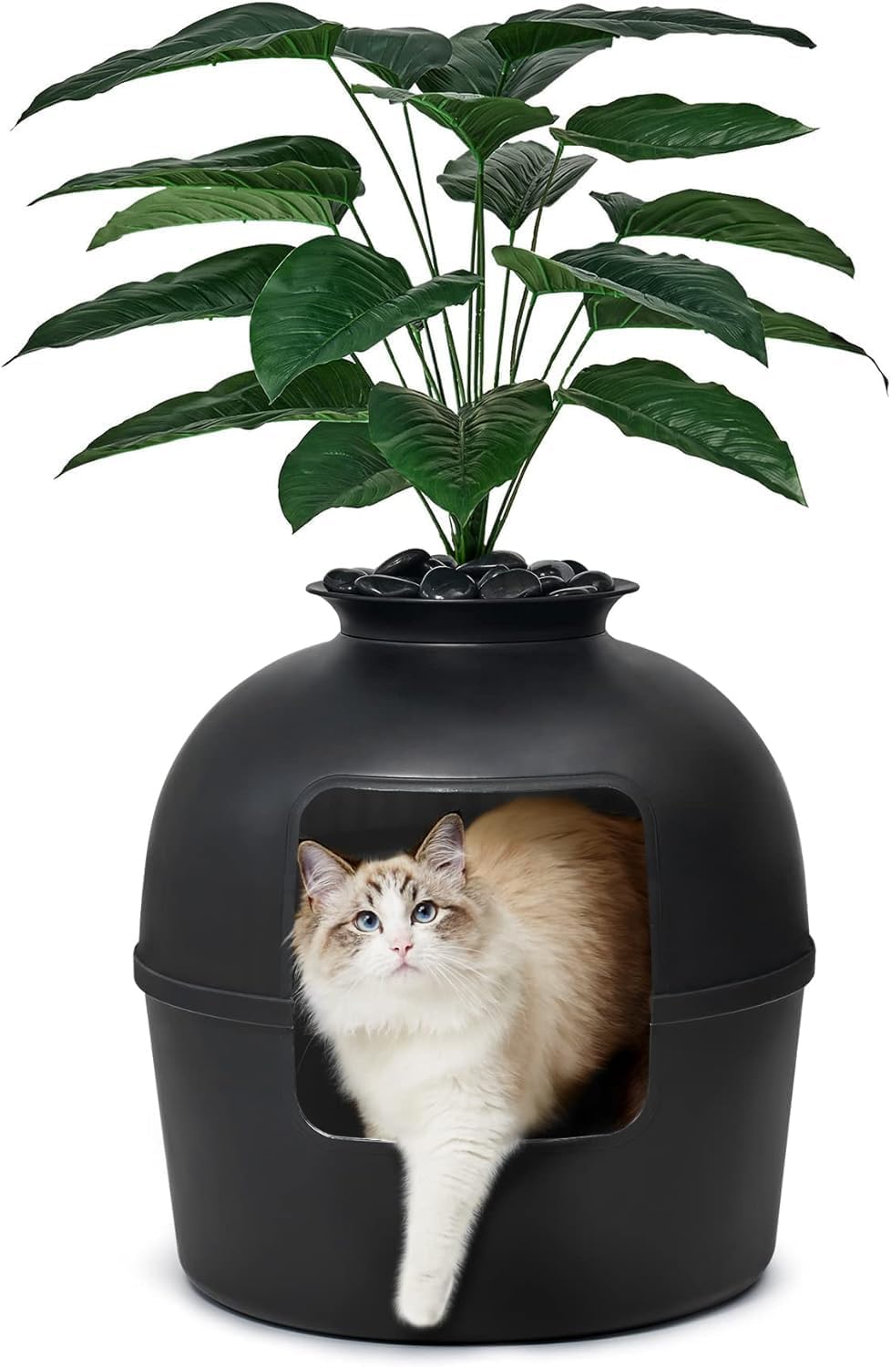 Bundle & Bliss Secret Litter Box - Hidden Litter Box Enclosure with Odor Control Carbon Filter, Faux Plant and Real Stones, Perfect for Large Cats (Matte Black)