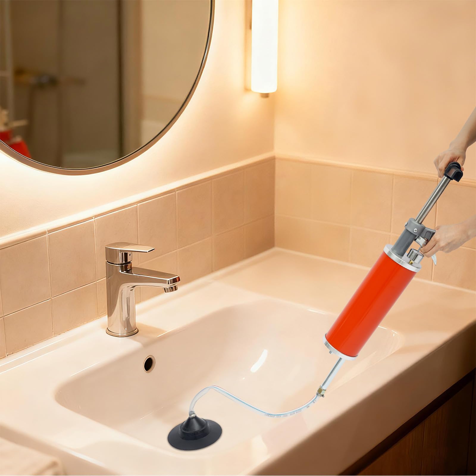 Pulitore pneumatico per tubi con aria compressa, pressione massima 0,7 MPa, serbatoio d'aria da 3 l, per WC, lavandino, vasca da bagno, scarico, con 2 tappi e tubo, rosso, 20 x 53,3 cm