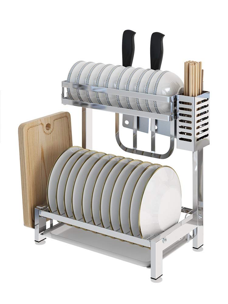 SaryEdge 2-Tier 304 Stainless Steel Dish Drainer, with Chopstick Cage, Knife Holder, Chopping Board Holder, 3 Hooks, Space-saving,