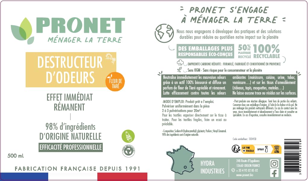 PRONET NATURE - Destructeur d'odeurs - Elimine les mauvaises odeurs - Efficace sur textiles, tissus d’ameublement - Sans trace ni résidus - 98% ingrédients naturels - Fleur de Tiaré - Lot de 6x500ml