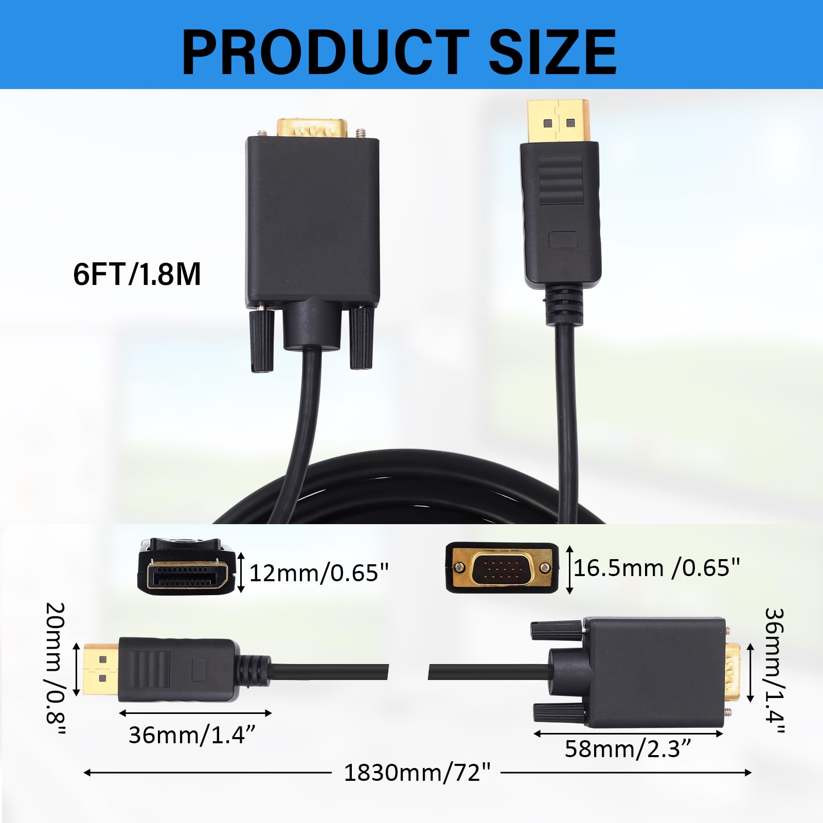 Saysurey 12 Pack Displayport to Vga Cable 6 ft Gold Plated Dp to Vga Adapter with Chip for Computer Laptop PC Monitor Projector HDTV, Not Bidirectional, Not Compatible with Hdmi or USB