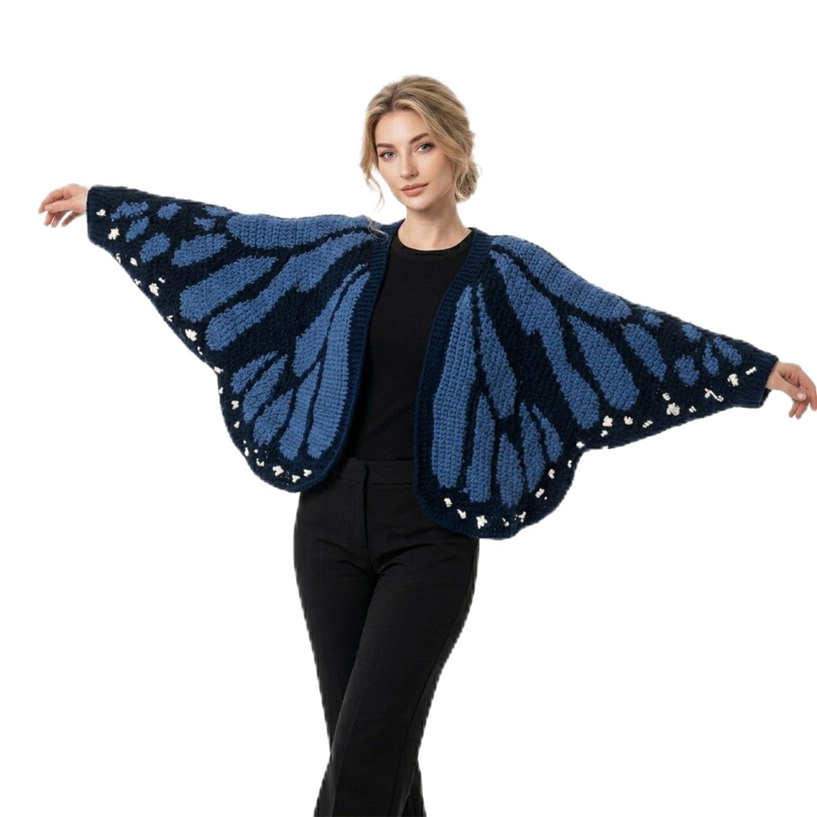 Genérico Cárdigan de Mariposa Monarca para Mujer - Chaqueta de Punto de Ganchillo Frente Abierto - Capa Poncho Boho con Patrón de Alas