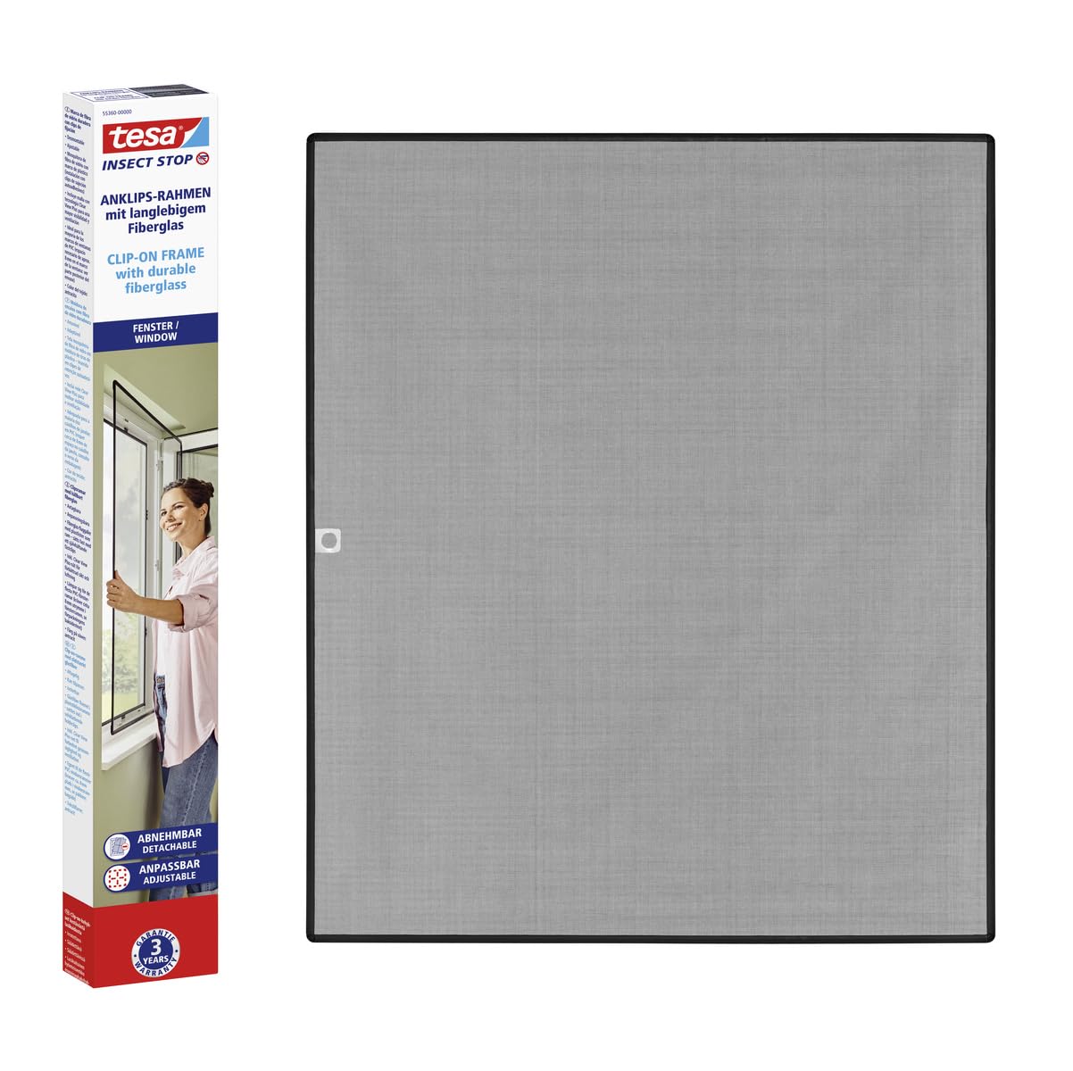 tesa INSECT STOP Clip-on Frame Fly Screen for Window - for PVC Windows - Cut-to-Size Frame, Fiberglass Mesh, Self-Adhesive Holding Clips - 1.2 x 1.4 m - Anthracite (Transparent)