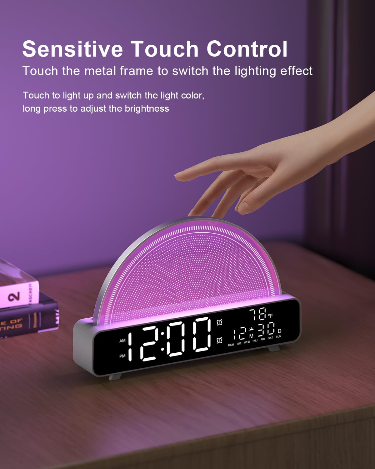 HAODINGMAI Sonnenaufgangswecker, Aufwachlicht mit Sonnenaufgangssimulation, weißes Rauschen, Touch-Steuerung, Nachttischlampen, Farben, Stimmungslampe, 30/60/90, Schlaf-Timer, 13 Naturgeräusche