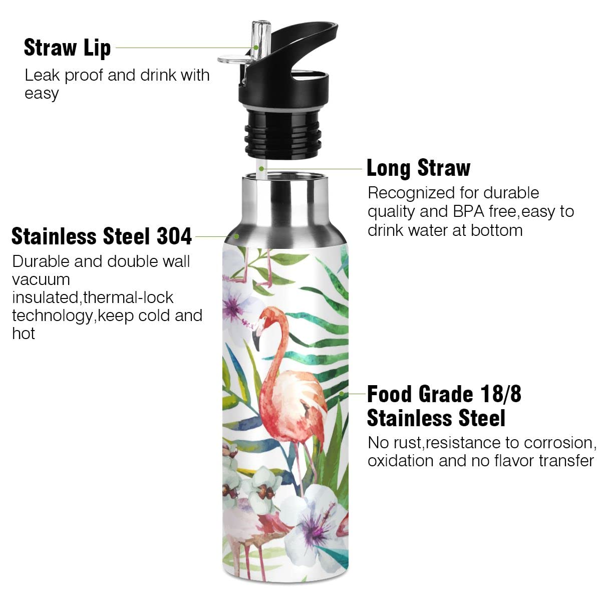 Edelstahl Wasserflasche mit Strohhalm, Regenwaldblatt Blume Flamingos Isolierte Trinkflasche Sport Wasserflasche für Kinder Erwachsene, auslaufsicher, 1L