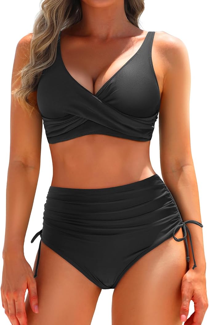 Aqua Eve Women High Waisted Bikini Twist Front Swimsuits