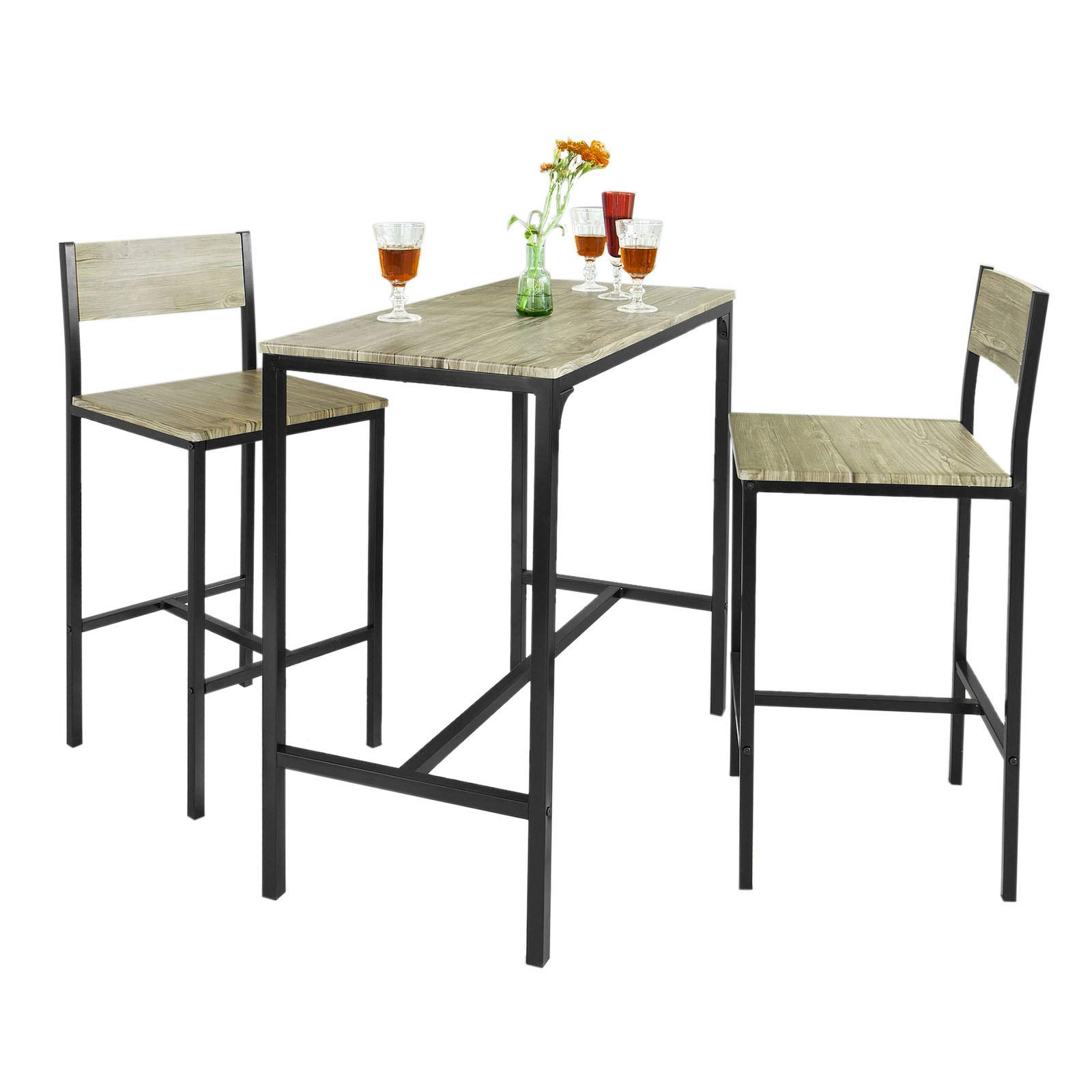 SoBuy Ensemble Table Haute de Cuisine 87 cm avec 2 tabourets de Bar – Meuble Bar Compact Mange Debout pour Petit Espace, Balcon, Salon ou Cuisine – Style Industriel Bois et métal OGT03-N