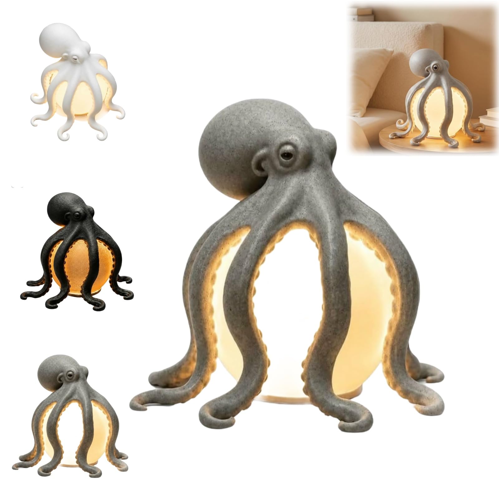 Octopus Ocean Decor Table Lamp,Sculpted Resin Octopus Led Night Light (Gray)